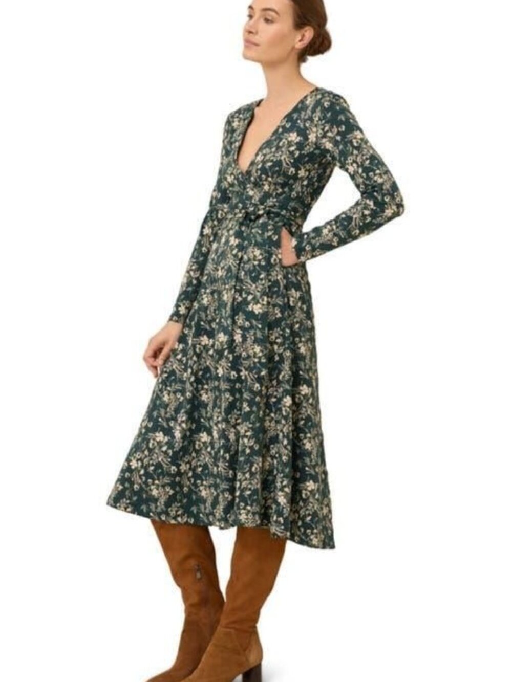 Pact Green Floral V-Neck Long Sleeve Midi Dress